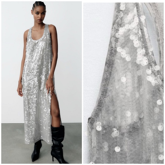 ZARA ~ SEQUIN DRESS SILVER - Picture 1 of 9